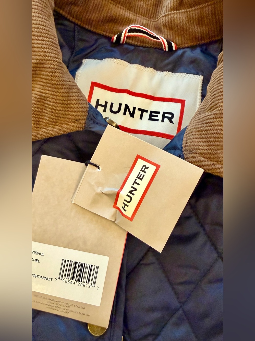 Hunter Rachel Navy Quilted Puffer Jacket with Brown Corduroy Collar Women New - Picture 7 of 13